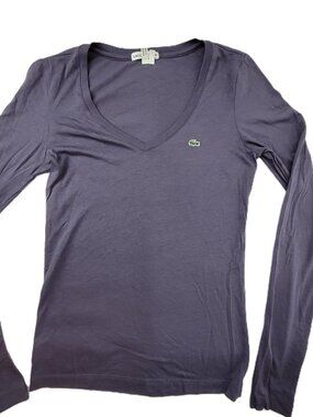 Lacoste Shirt Womens 38 Purple Long Sleeve V-Neck Slim Fit Logo Top Cotton Modal